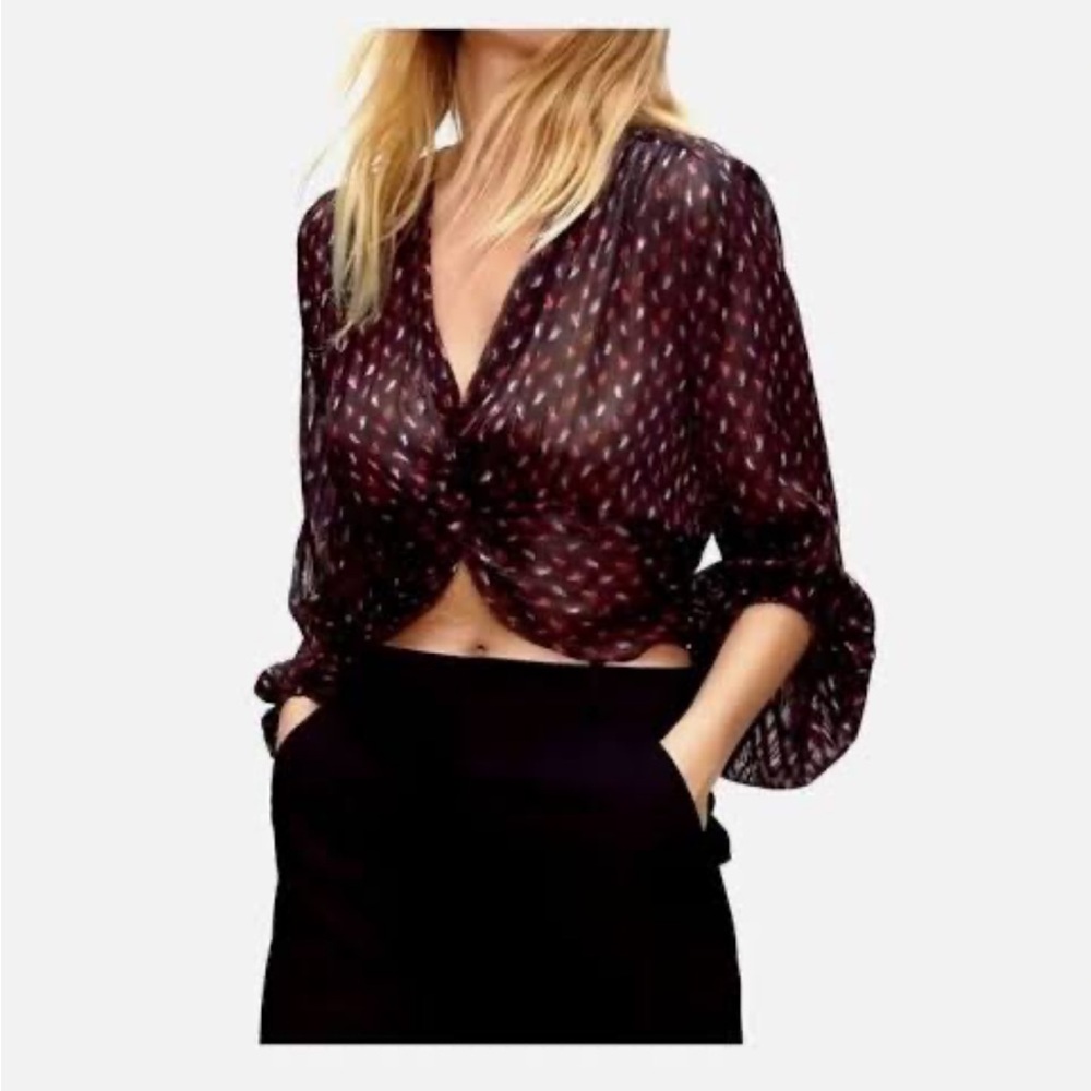 Zara Sheer Print Twist knot Bishop Sleeves Black-Red Blouse